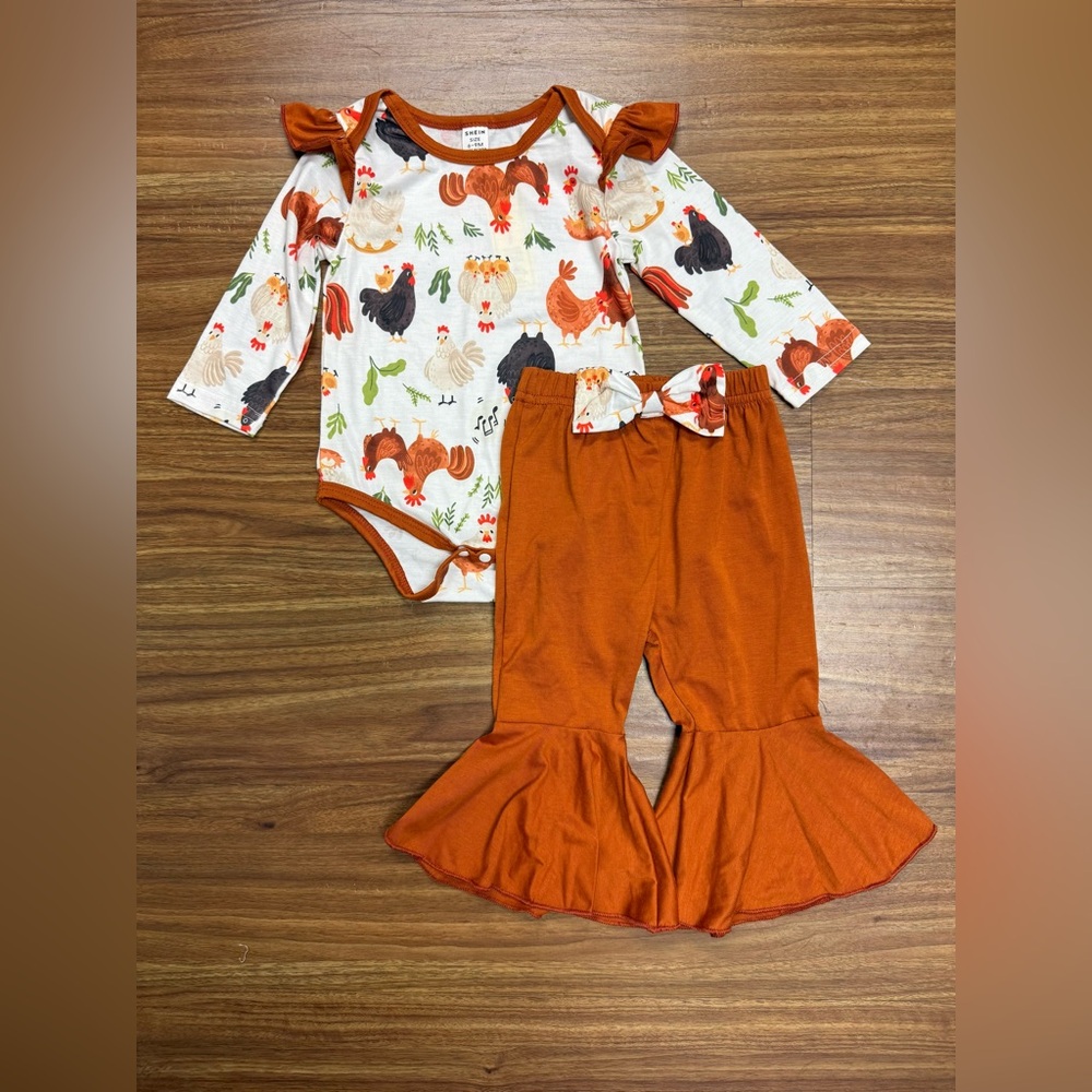 SHEIN Rust Orange Rooster Print Ruffle Matching Set- NWT